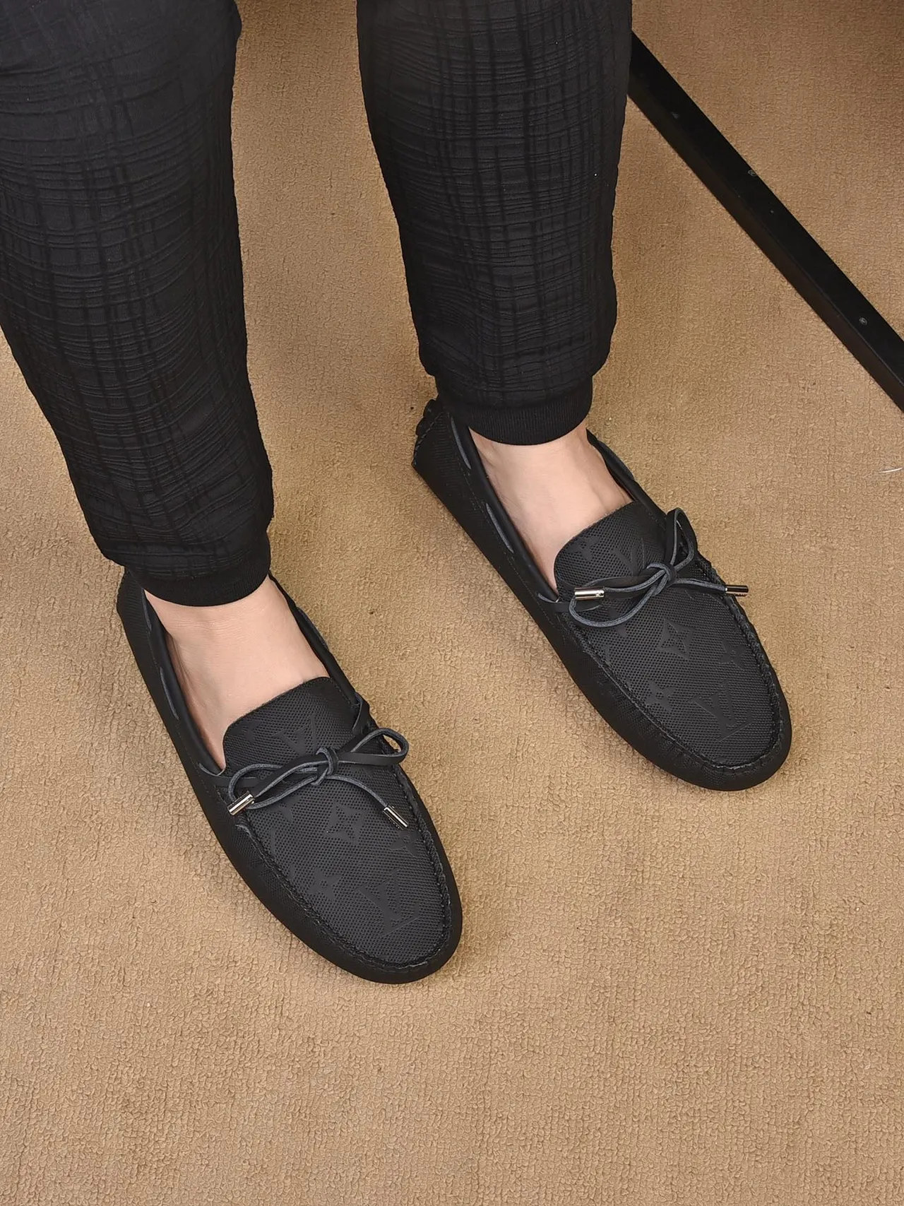 Louis Vuitton Loafer Black Beige Perforated Monogram Leather Decorative Lace Tie Loafer 3