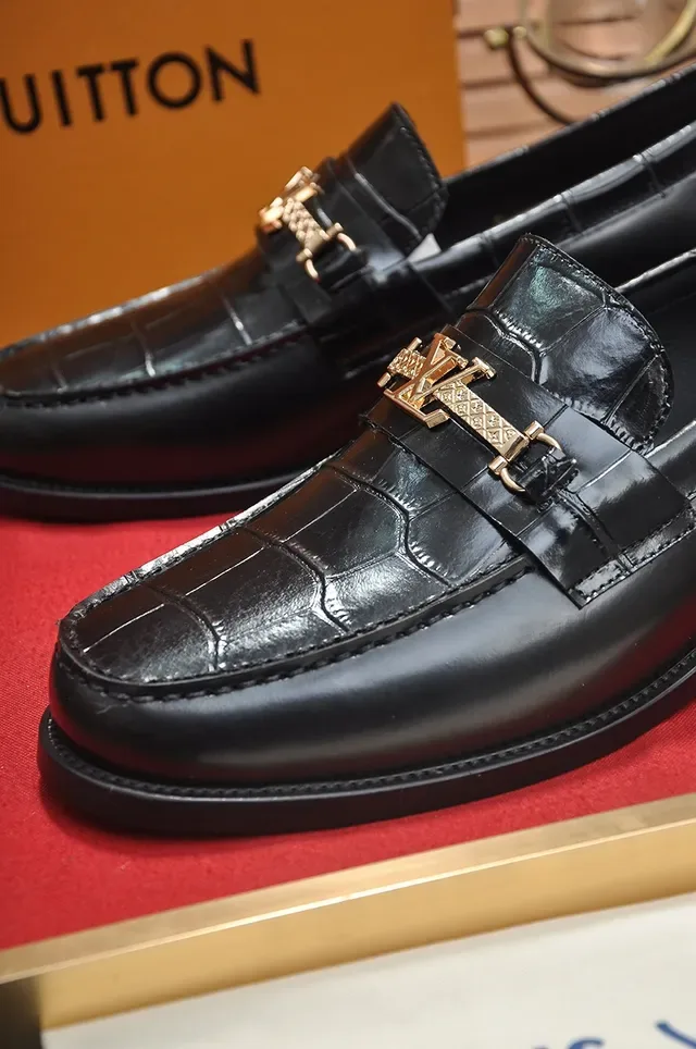 Louis Vuitton Loafer Black Gold Croc-Embossed Leather LV Buckle Strap Loafer 2