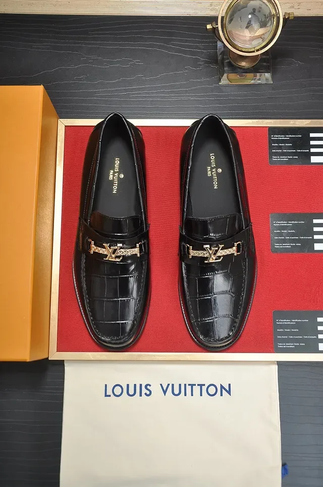 Louis Vuitton Loafer Black Gold Croc-Embossed Leather LV Buckle Strap Loafer 5
