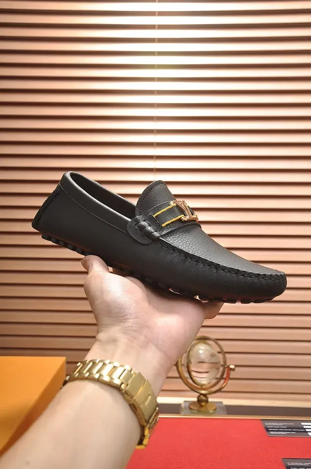 Louis Vuitton Loafer Black Gold Pebbled Leather Metal LV Buckle Loafer 7