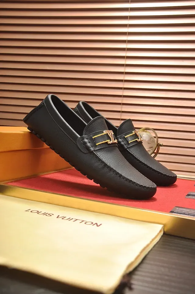 Louis Vuitton Loafer Black Gold Pebbled Leather Metal LV Buckle Loafer 8