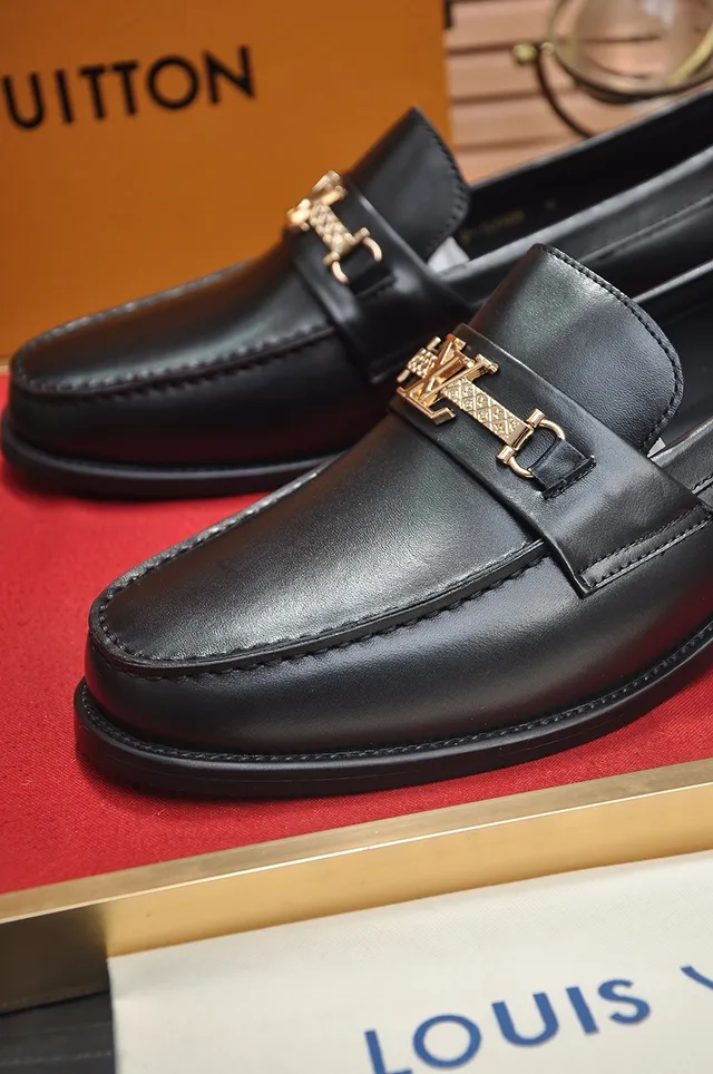 Louis Vuitton Loafer Black Leather Gold Buckle Loafers 2