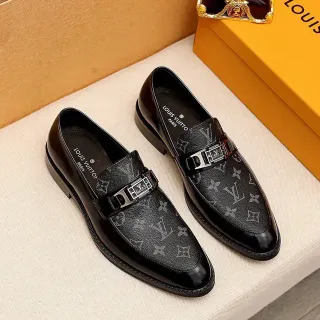 Louis Vuitton Loafer Black Silver Monogram Leather Polished Toe Cap Loafer