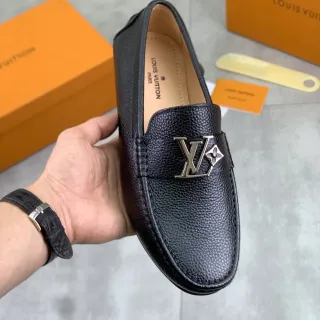 Louis Vuitton 乐福鞋 黑色银色 压纹皮革 金属 LV Monogram Buckle 乐福鞋
