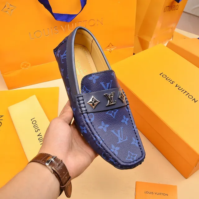 Louis Vuitton Loafer Blue Navy Monogram-Printed Leather Metal LV Buckle Strap Loafer 6