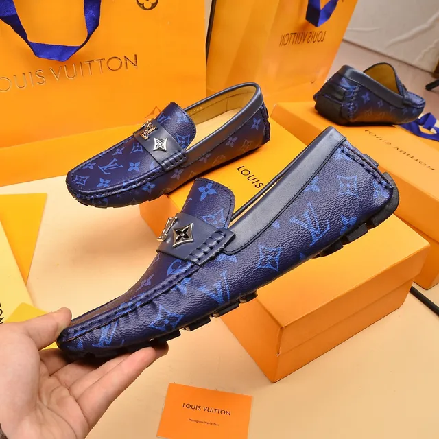 Louis Vuitton Loafer Blue Navy Monogram-Printed Leather Metal LV Buckle Strap Loafer 7