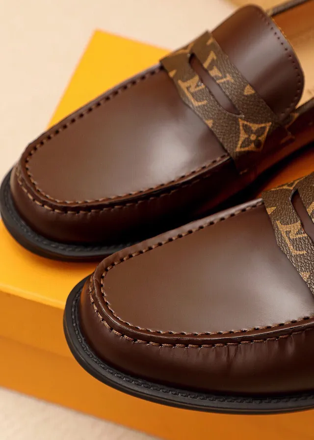 Louis Vuitton Loafer Brown Beige Smooth Leather Monogram Canvas Strap Loafer 3