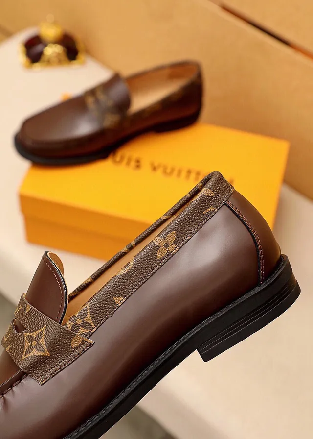 Louis Vuitton Loafer Brown Beige Smooth Leather Monogram Canvas Strap Loafer 4