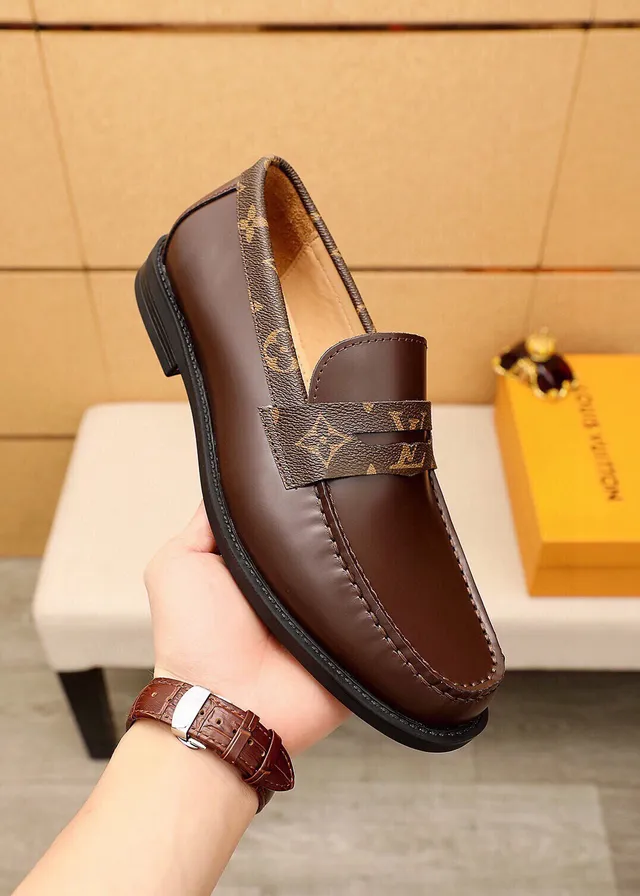 Louis Vuitton Loafer Brown Beige Smooth Leather Monogram Canvas Strap Loafer 6