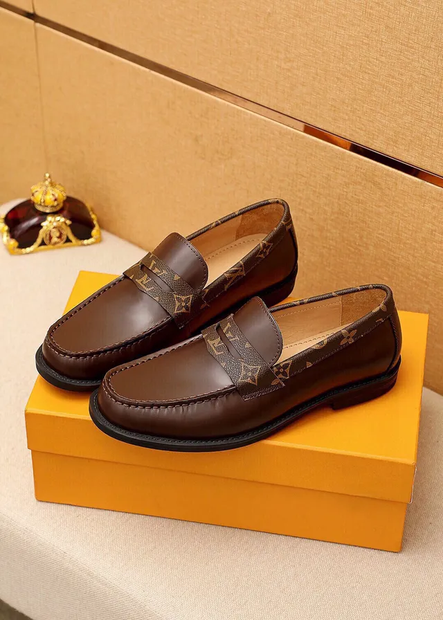 Louis Vuitton Loafer Brown Beige Smooth Leather Monogram Canvas Strap Loafer 7