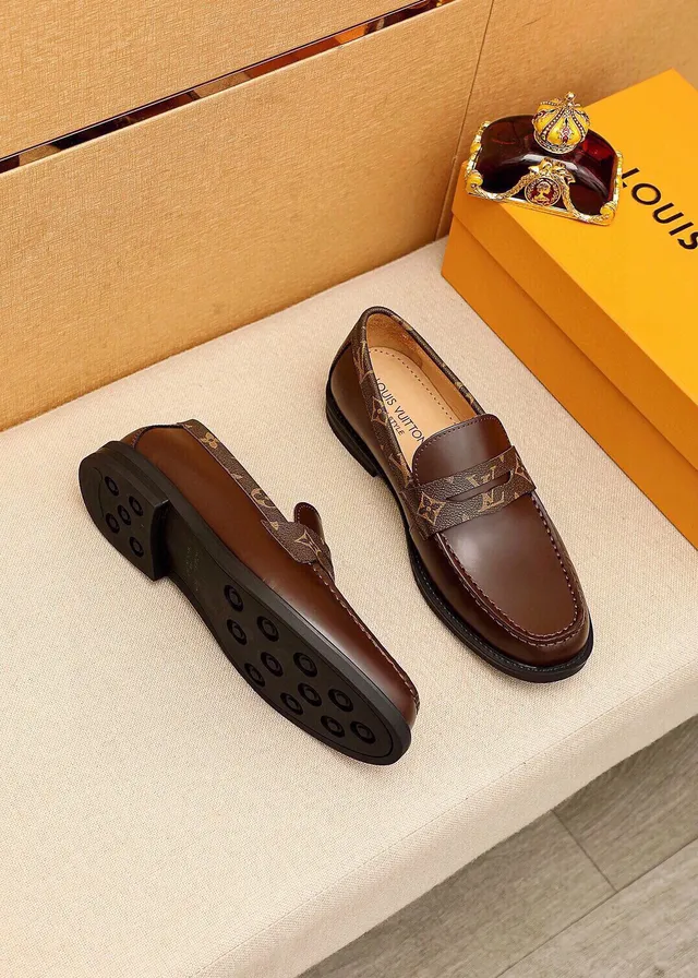 Louis Vuitton Loafer Brown Beige Smooth Leather Monogram Canvas Strap Loafer 8