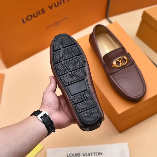 Louis Vuitton Loafer Brown Gold Pebbled Leather LV Medallion Loafer 4