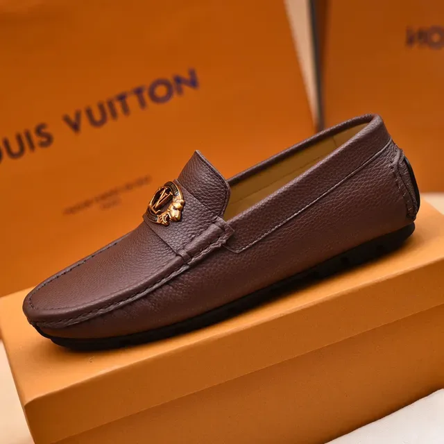 Louis Vuitton Loafer Brown Gold Pebbled Leather LV Medallion Loafer 5