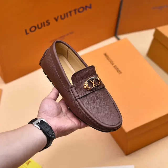 Louis Vuitton Loafer Brown Gold Pebbled Leather LV Medallion Loafer 6