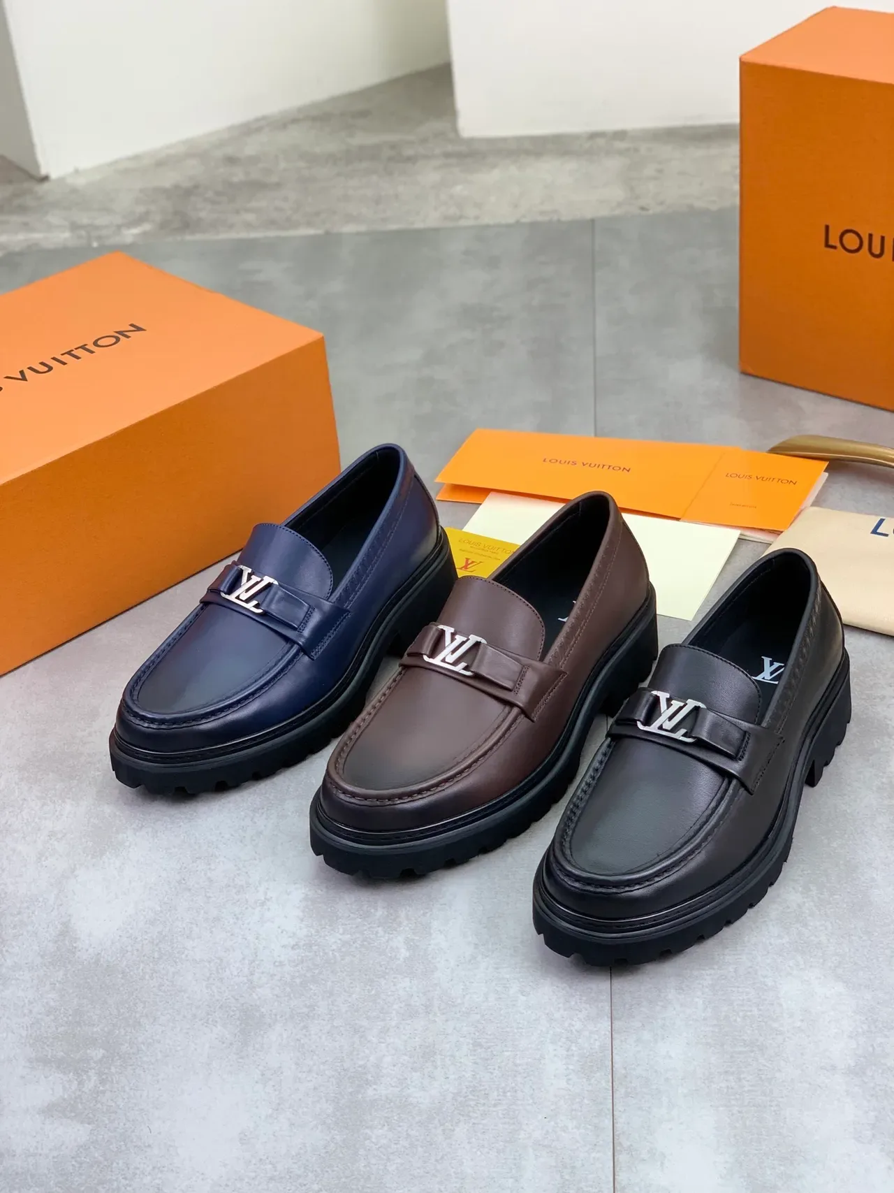 Louis Vuitton Loafer Navy Black Leather LV Logo Buckle Loafer 2