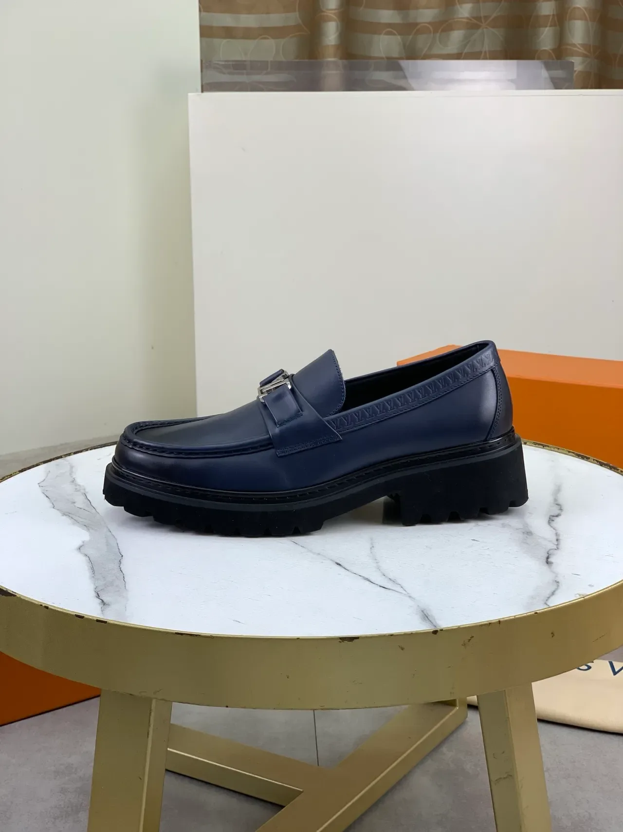 Louis Vuitton Loafer Navy Black Leather LV Logo Buckle Loafer 6