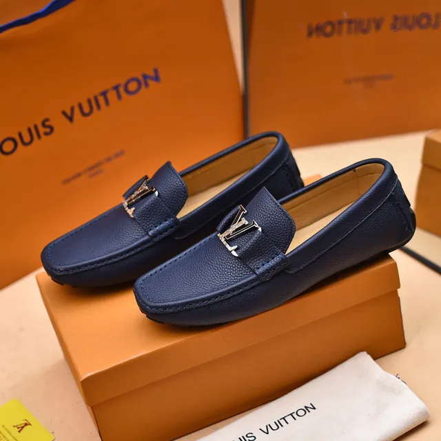 Louis Vuitton Loafer Navy Blue Pebbled Leather Slip-On Loafers 8
