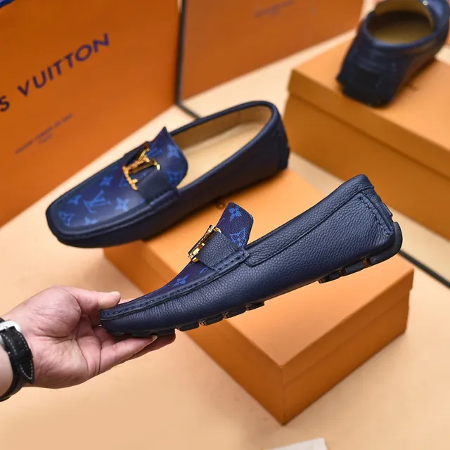 Louis Vuitton Loafer Navy Gold Monogram-Printed Leather LV Buckle Strap Loafer 2