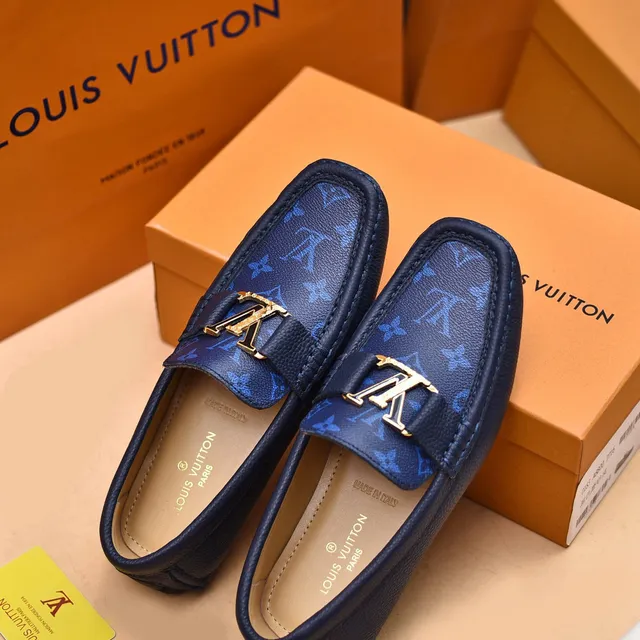 Louis Vuitton Loafer Navy Gold Monogram-Printed Leather LV Buckle Strap Loafer 4