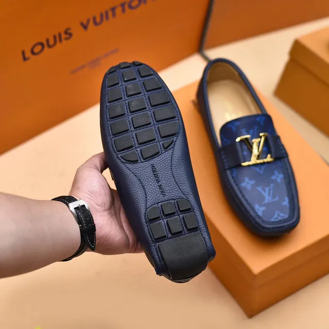 Louis Vuitton Loafer Navy Gold Monogram-Printed Leather LV Buckle Strap Loafer 5