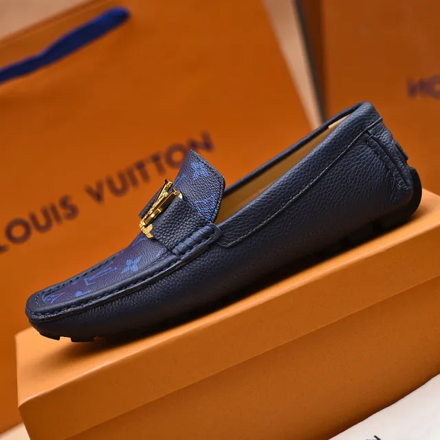 Louis Vuitton Loafer Navy Gold Monogram-Printed Leather LV Buckle Strap Loafer 6