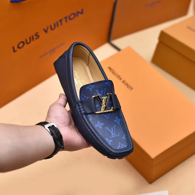 Louis Vuitton Loafer Navy Gold Monogram-Printed Leather LV Buckle Strap Loafer 7