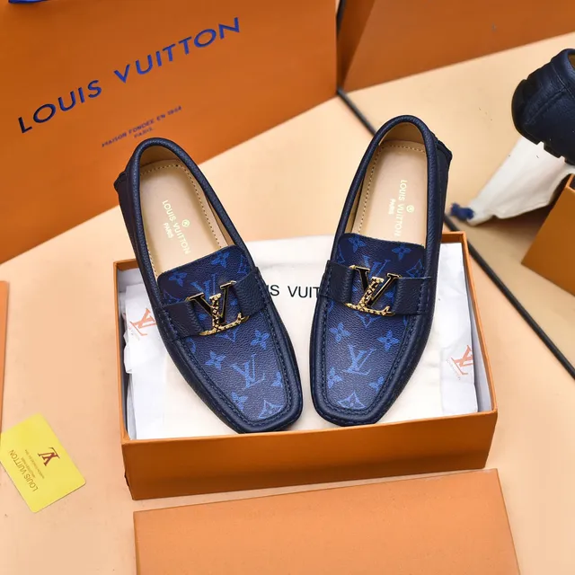 Louis Vuitton Loafer Navy Gold Monogram-Printed Leather LV Buckle Strap Loafer 9