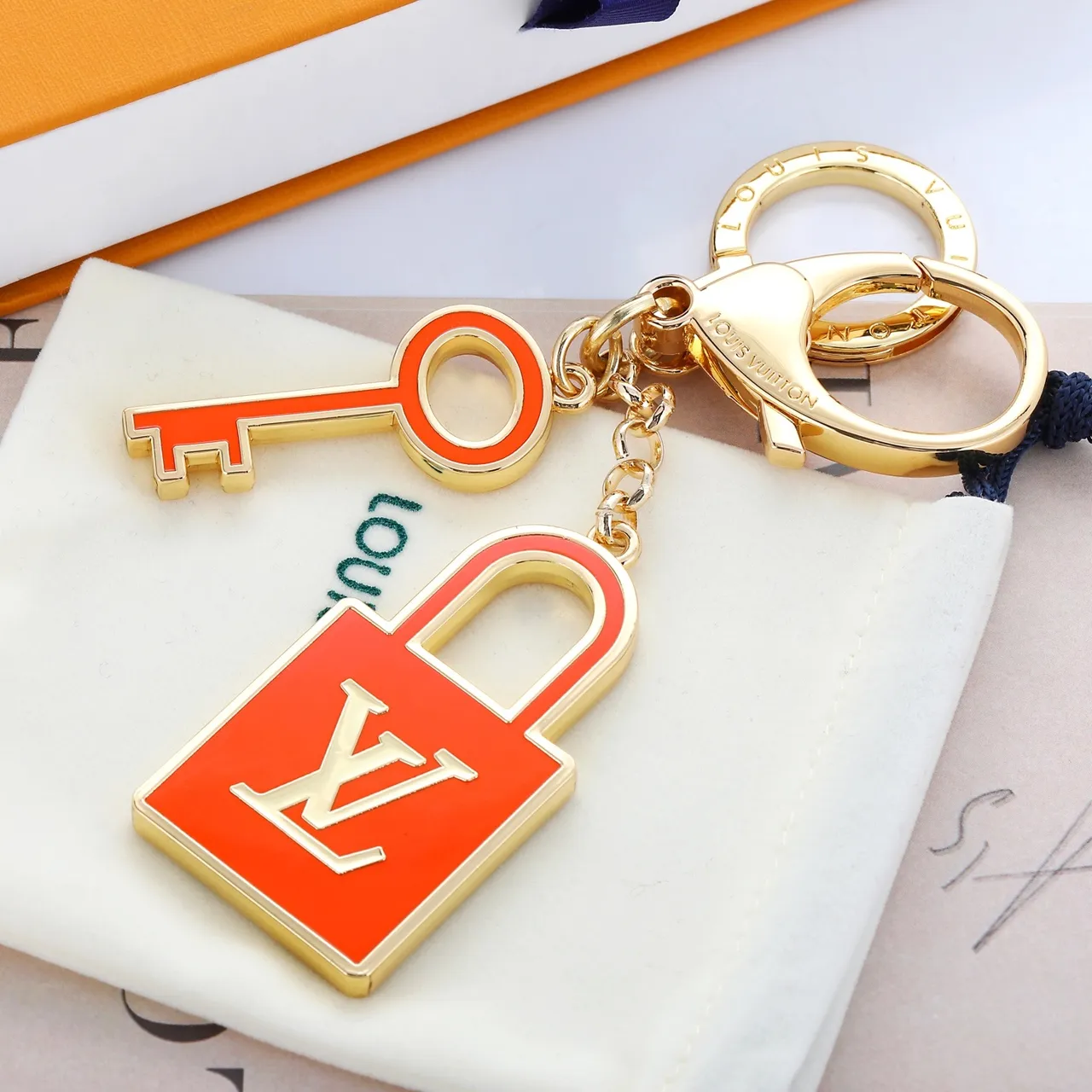 Louis Vuitton Lock & Key Orange Gold Metal Enamel Bracelet 3