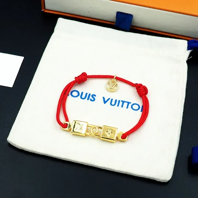 Louis Vuitton Lock-Style Braided Red Cord Gold-Tone Bracelet 4