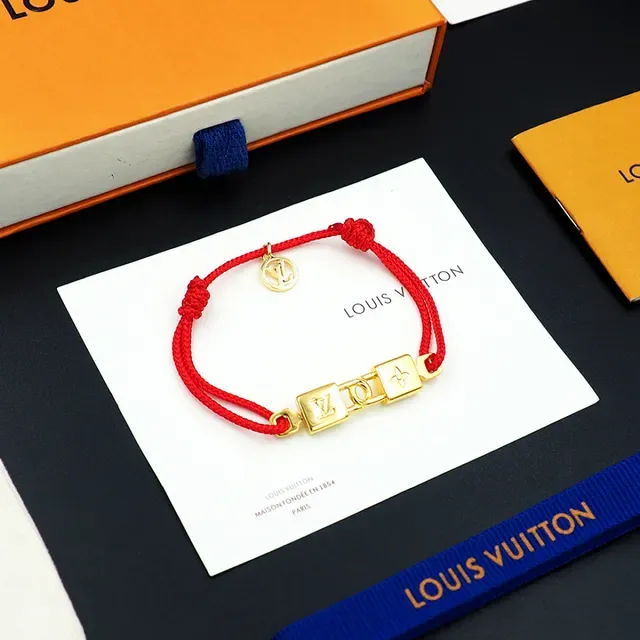 Louis Vuitton Lock-Style Braided Red Cord Gold-Tone Bracelet 6