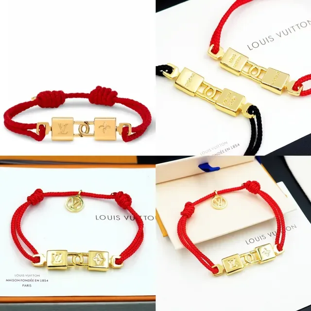 Louis Vuitton Lock-Style Braided Red Cord Gold-Tone Bracelet 8
