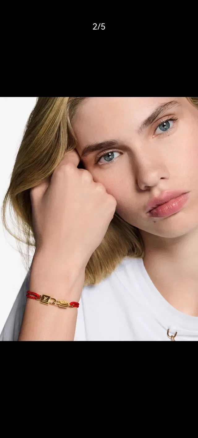 Louis Vuitton Lock-Style Braided Red Cord Gold-Tone Bracelet 9