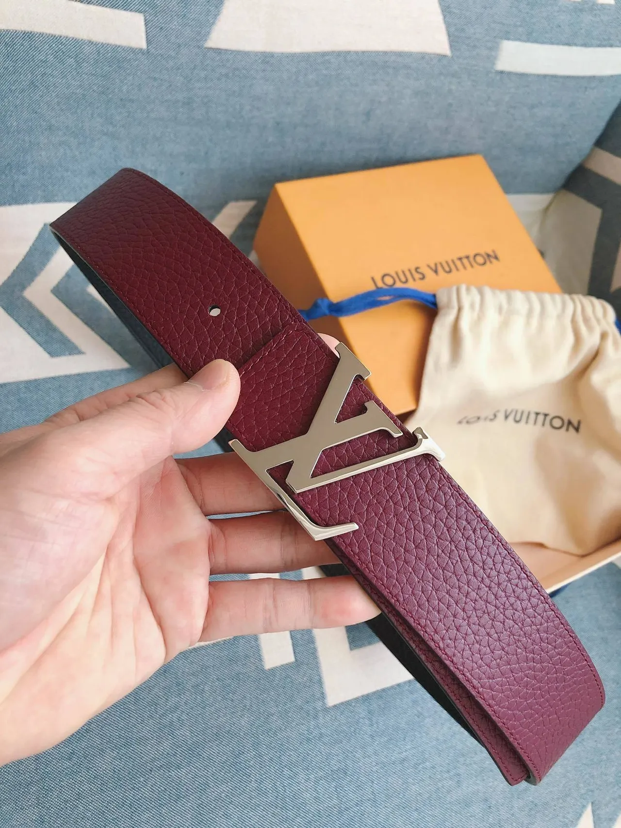 Louis Vuitton LV Belt Burgundy Pebbled Leather Belt 2