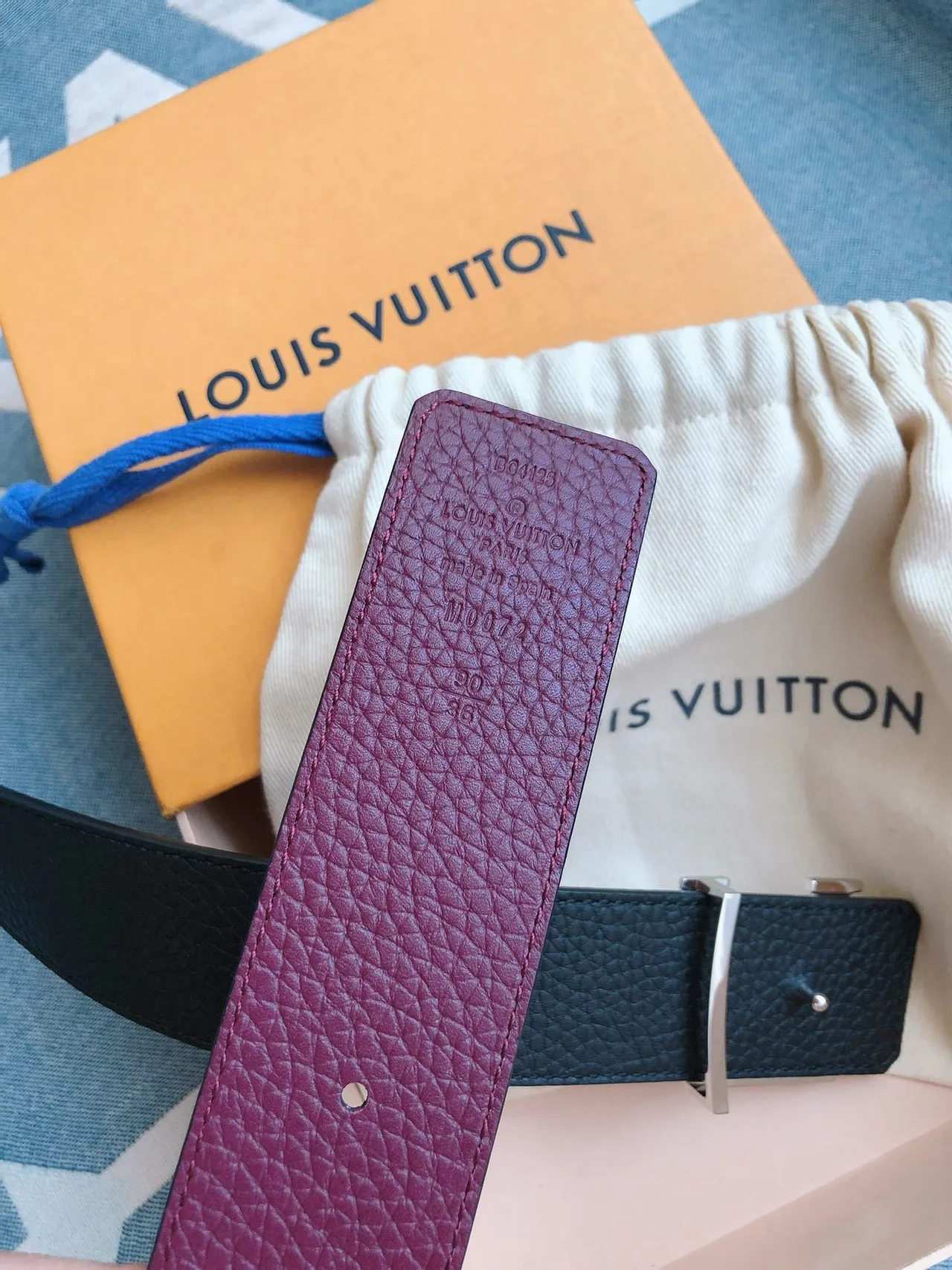 Louis Vuitton LV Belt Burgundy Pebbled Leather Belt 5