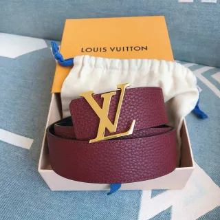 Louis Vuitton LV Belt बर्गंडी पेब्ल्ड लेदर सोने का टोन बकल लेदर बेल्ट