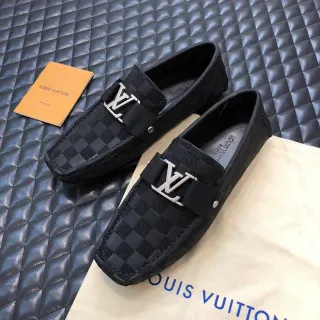 Louis Vuitton LV Mocassim com Fivela Preto Prata Tela Xadrez Alça Mocassim