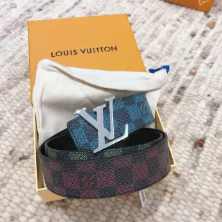 Louis Vuitton LV Initiales Multicolor Silver Reversible Woven Damier Canvas Polished Buckle Leather Belt