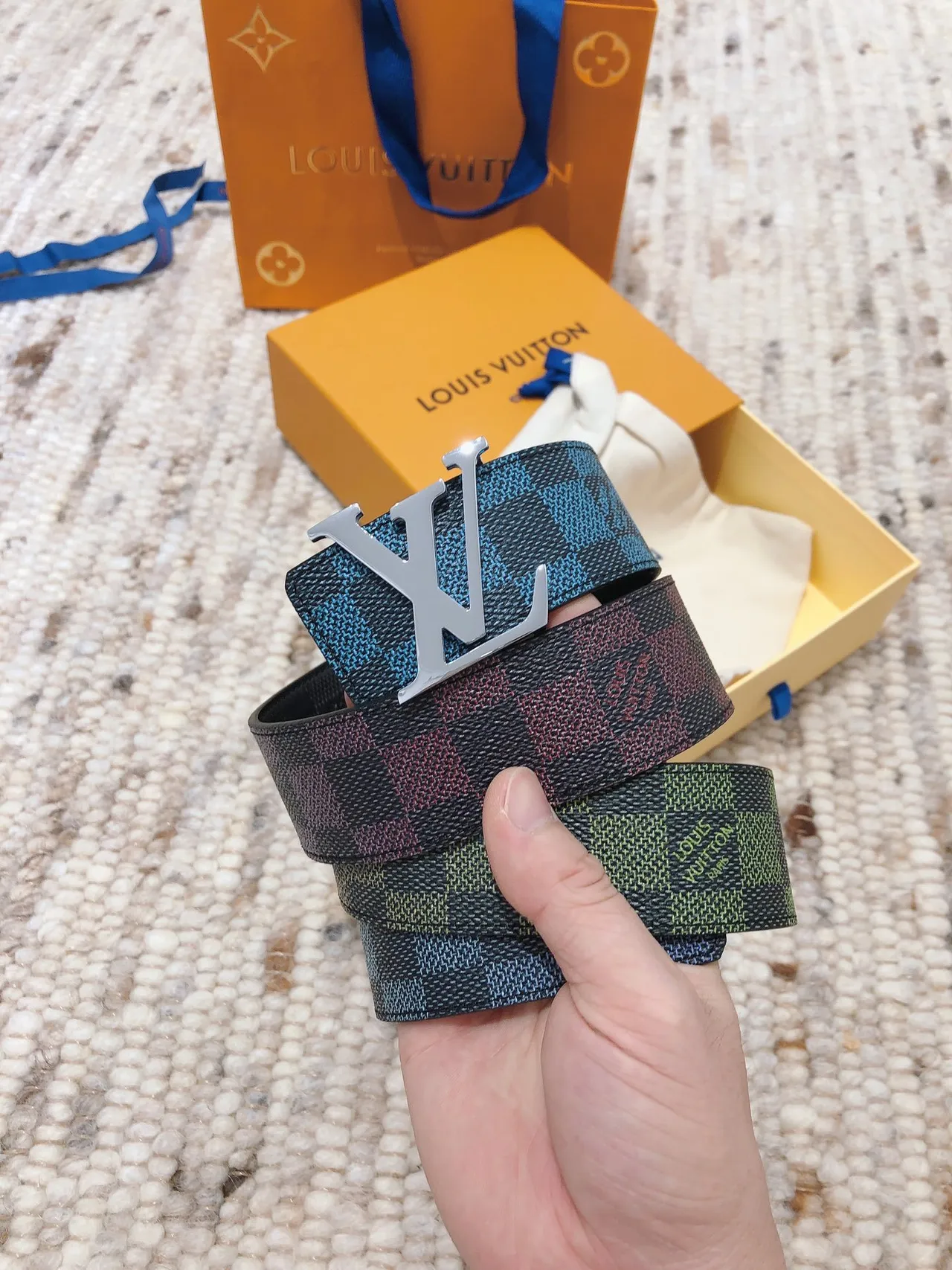 Louis Vuitton LV Initiales Multicolor Silver Reversible Woven Damier Canvas Polished Buckle Leather Belt 4