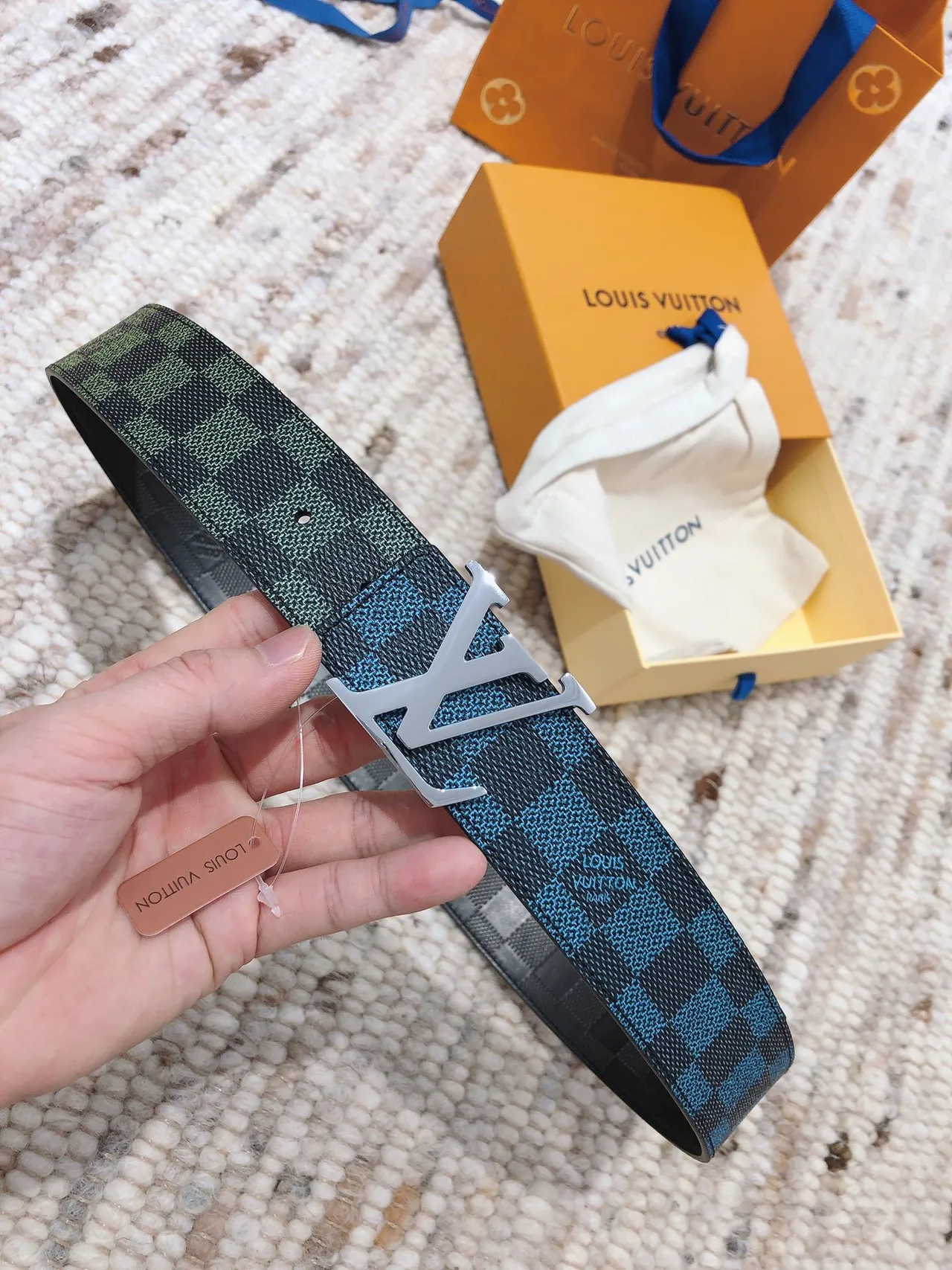 Louis Vuitton LV Initiales Multicolor Silver Reversible Woven Damier Canvas Polished Buckle Leather Belt 6