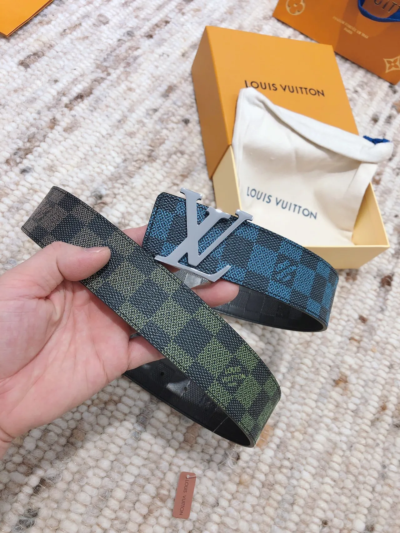 Louis Vuitton LV Initiales Multicolor Silver Reversible Woven Damier Canvas Polished Buckle Leather Belt 7