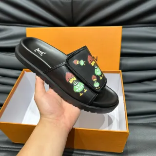 Louis Vuitton LV Made Black Multicolor Leather-Like Upper Wide Printed Strap Slippers
