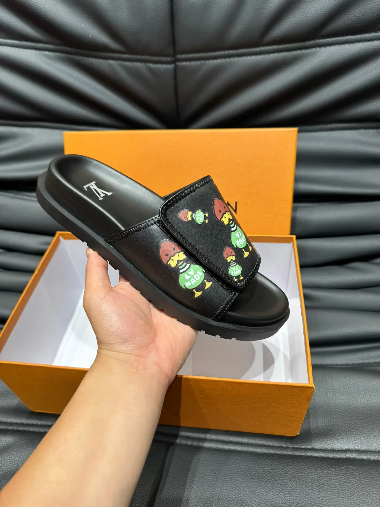 Louis Vuitton LV Made Black Multicolor Leather-Like Upper Wide Printed Strap Slippers 1