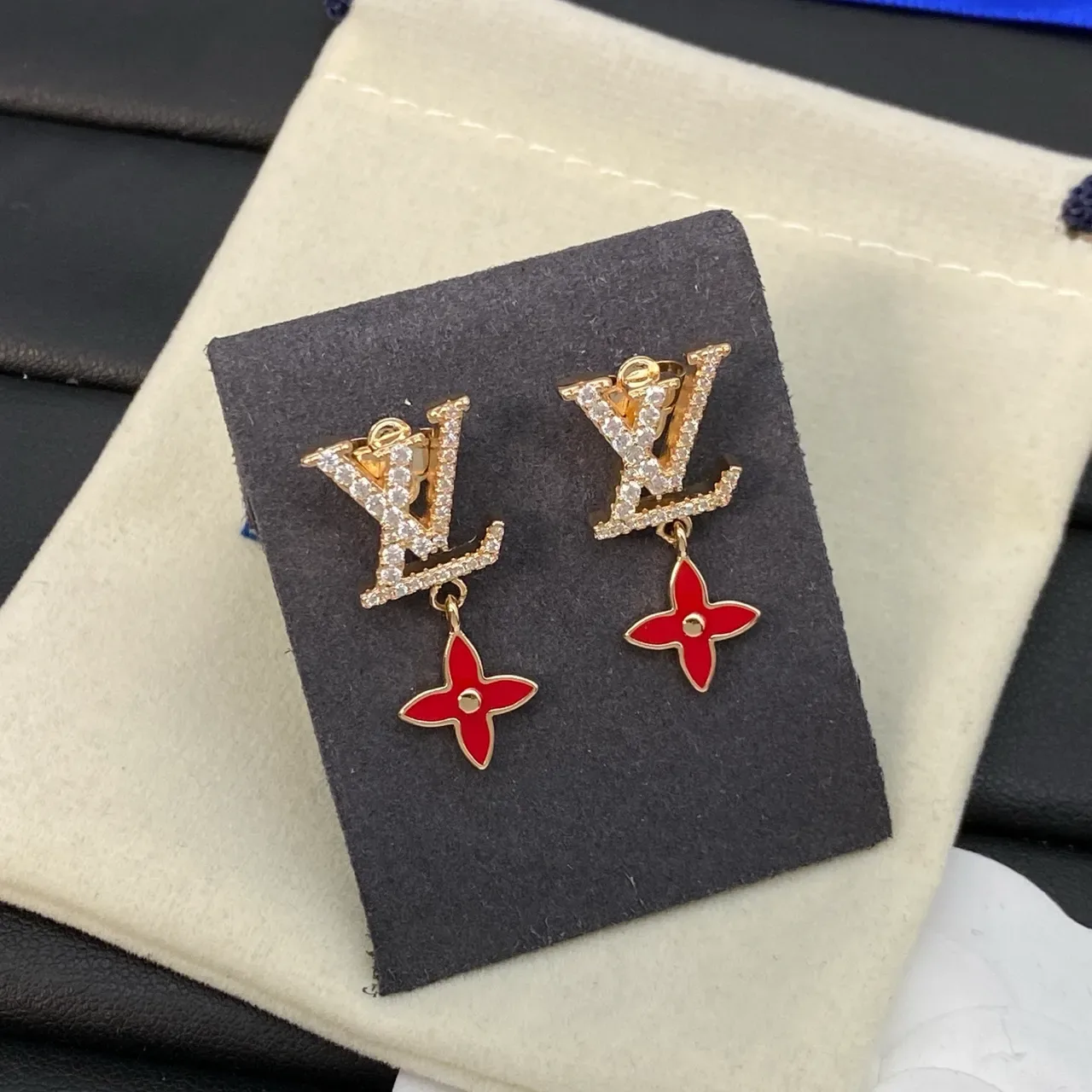 Louis Vuitton LV Monogram Pavé Crystal and Red Enamel Flower Earrings 3