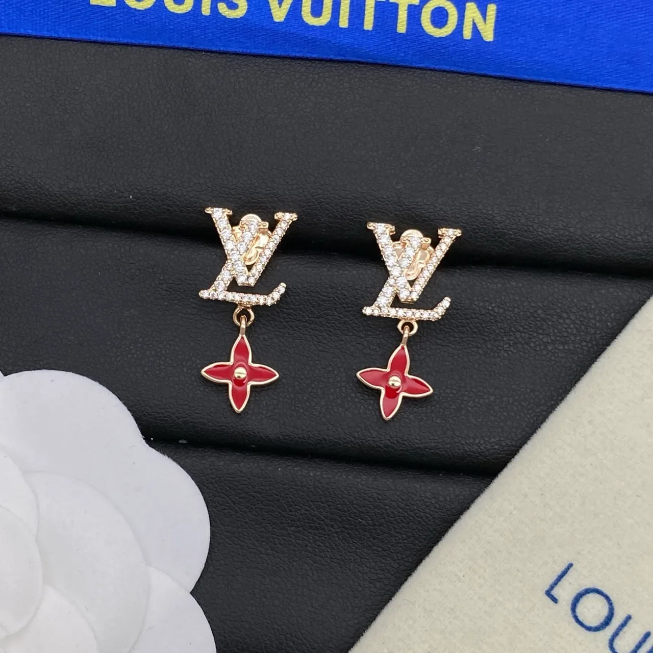 Louis Vuitton LV Monogram Pavé Crystal and Red Enamel Flower Earrings 4