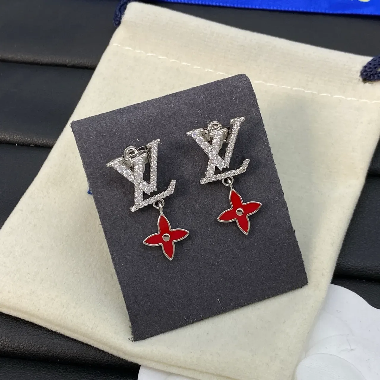 Louis Vuitton LV Monogram Pavé Crystal and Red Enamel Flower Earrings 5