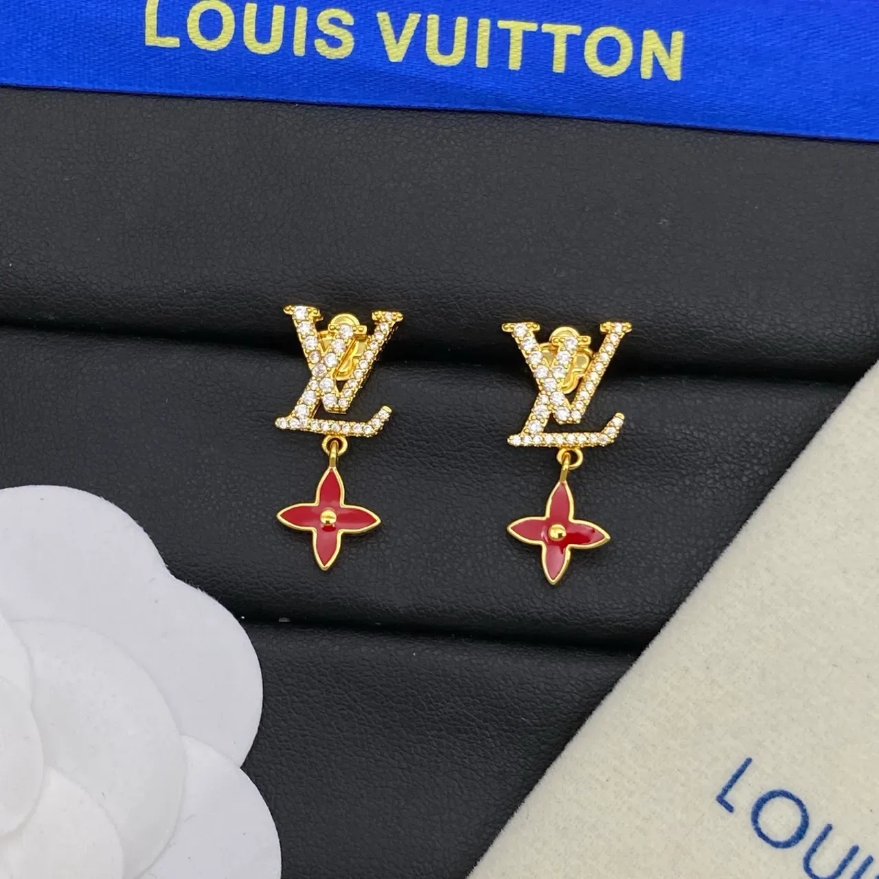 Louis Vuitton LV Monogram Pavé Crystal and Red Enamel Flower Earrings 8