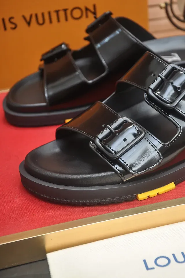 Louis Vuitton LV Slide Black Glossy Double-Buckle Slippers 2