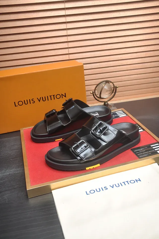 Louis Vuitton LV Slide Black Glossy Double-Buckle Slippers 4