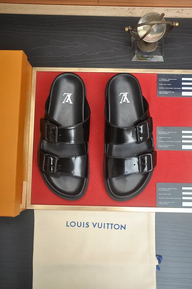 Louis Vuitton LV Slide Black Glossy Double-Buckle Slippers 5