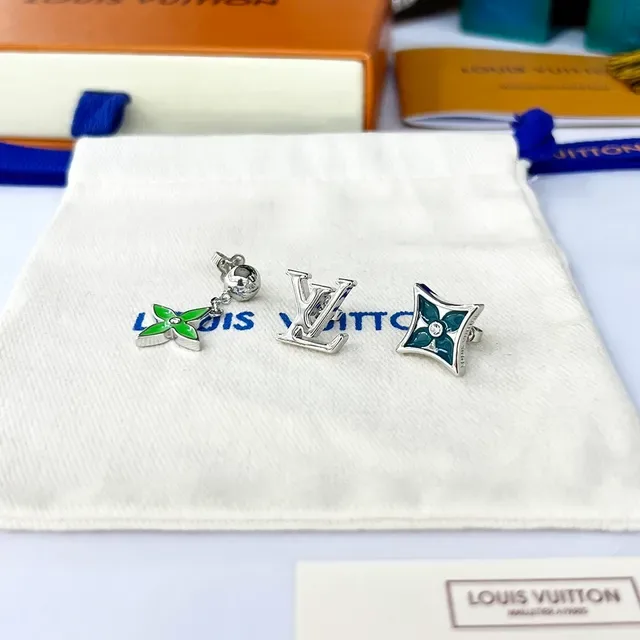 لويس فتون LV Sunrise أقراط فضي أخضر غير متماثلة قطرة إناميل كواتروفويل 6
